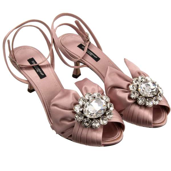 Silk and leather Heels Sandals KEIRA with crystal ribbon brooch and crystal buckle in pink by DOLCE & GABBANA