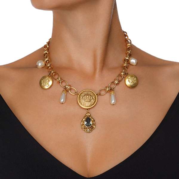 Chocker necklace with baroque elements, pearls, crystal and crown pendants in gold by DOLCE & GABBANA