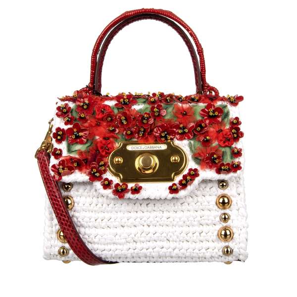 Snakeskin and Raffia Tote / Shoulder Bag WELCOME Small with floral applications, golden studs, double handle and and ring lock closure by DOLCE & GABBANA
