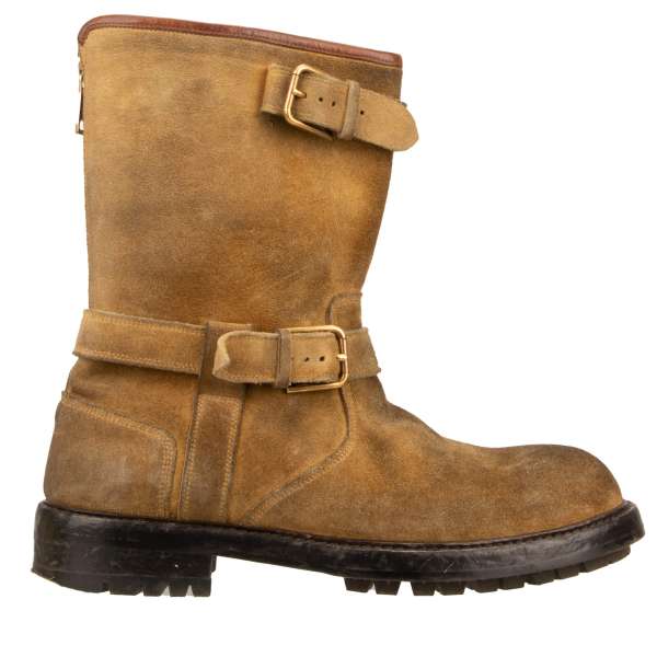 Suede Ankle Boots BERNINI with metal buckles and zip closure in brown by DOLCE & GABBANA 