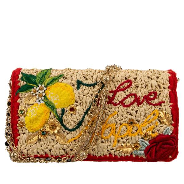 Raffia bag and two purses ROSA "I Love Napoli" made of raffia embellished with crystals, lemon, roses embroidery by DOLCE & GABBANA