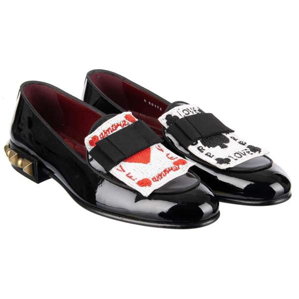 Patent Leather Loafer Shoes LUKAS with studded heel and sequined playing cards applications and bow ties by DOLCE & GABBANA