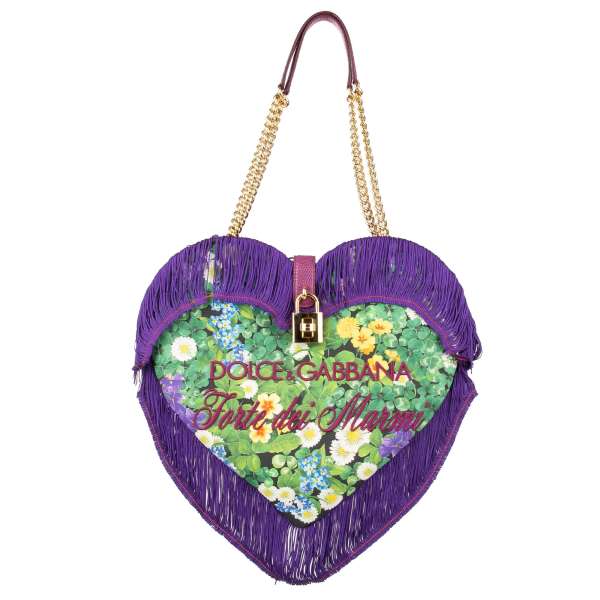 Große Canvas Tasche / Schultertasche MY HEART Forte dei Marni mit Quasten, Blumen Print, besticktem Logo, dekorativem Schloss und doppeltem Kettenriemen von DOLCE & GABBANA