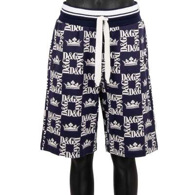 Cotton Sweatshorts with Logo Crown Print and Pockets Blue White
