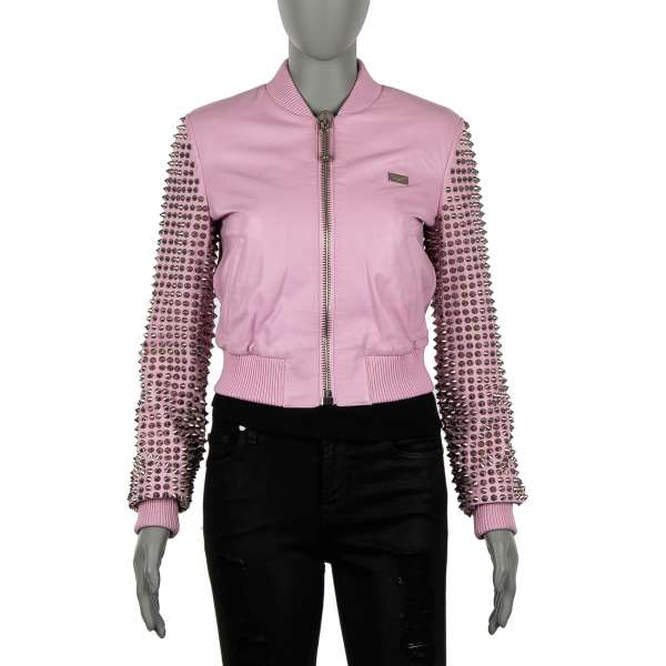 Leather Jacket Model "RATHER DIE YOUNG" embellished with studs in pink by PHILIPP PLEIN COUTURE