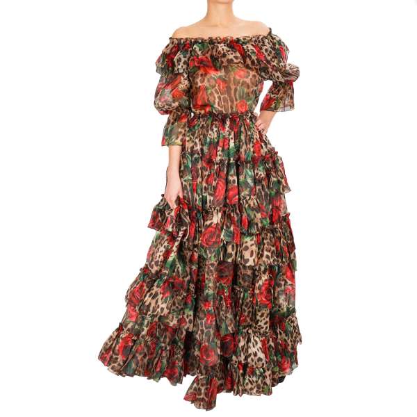 Leopard ans roses print layers maxi silk dress in red, green and brown by DOLCE & GABBANA