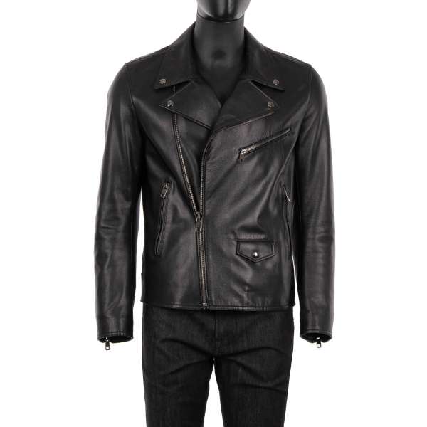 Biker style lamb leather jacket with pockets, painted leopard and zip fastening by DOLCE & GABBANA