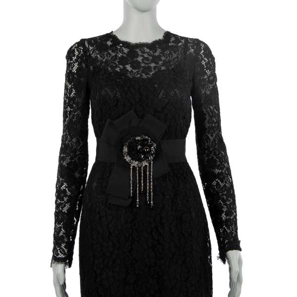 Belt for dress with crystal and brass flower brooches, chains and silk applications in black by DOLCE & GABBANA Black Label