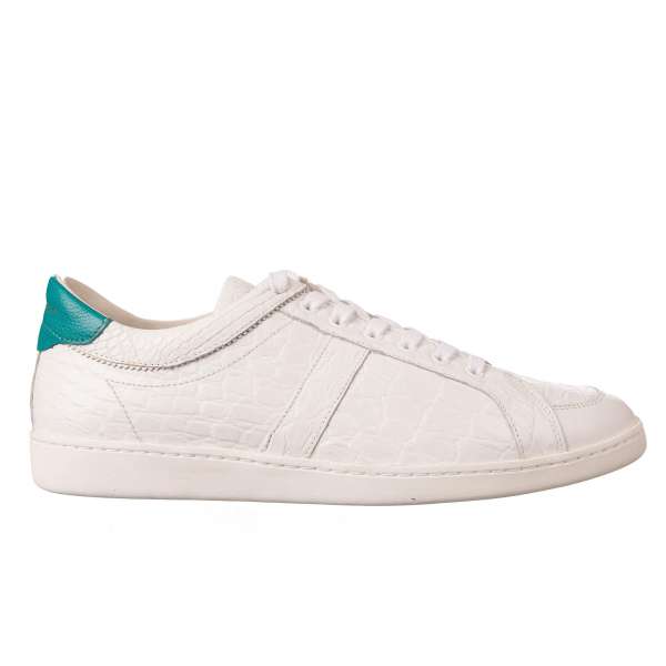 Classic Caiman Leather sneaker shoes GUATEMALA in white / azure with logo print by DOLCE & GABBANA