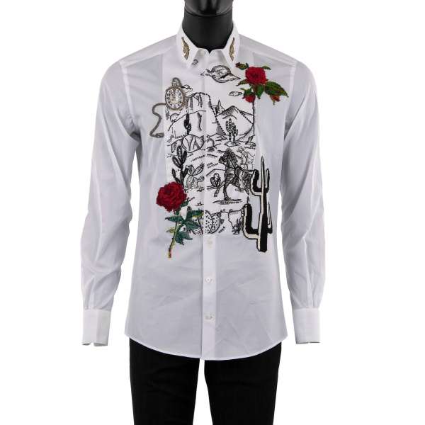 Tuxedo Shirt with short collar, hidden button closure and hand embroidered western motif with roses, cactus, watch and horseman and collar patches by DOLCE & GABBANA - GOLD Line