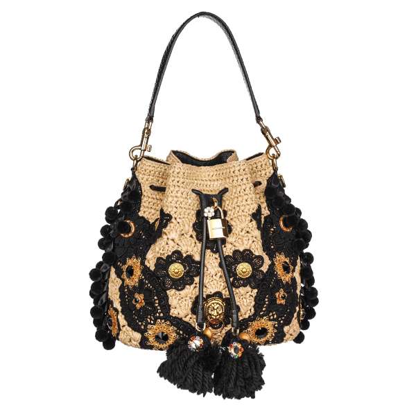 Sicily Style straw and snakeskin bucket hobo bag / shoulder bag CLAUDIA embellished with pompoms, sing-song bells, crystals and enamel flowers by DOLCE & GABBANA