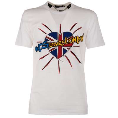 Cotton T-Shirt DG Loves London Heart Print White Red Blue