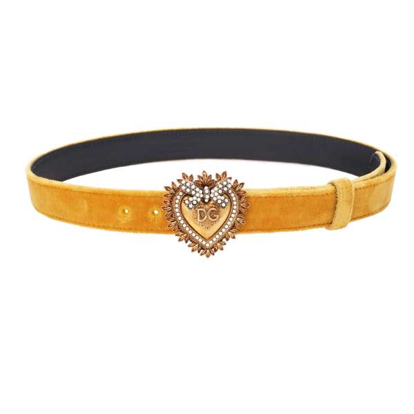 DEVOTION leather and velvet Belt embellished with Pearl Metal Heart in yellow and gold by DOLCE & GABBANA