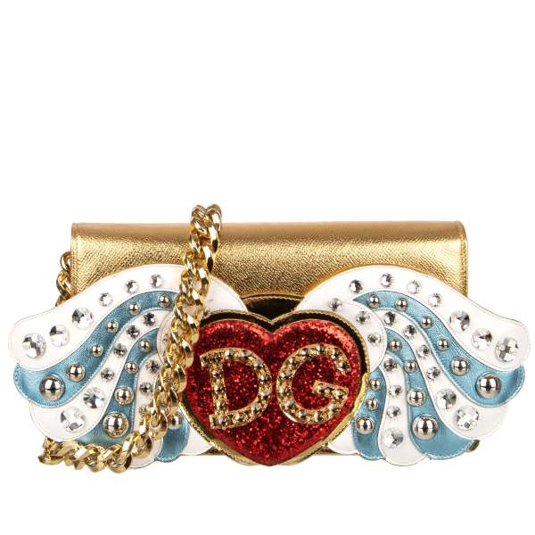 Beschmückte Schultertasche / Clutch Tasche aus Dauphine Leder mit Flügel, Herz aus Pailletten, Kristallen, Nieten und DG Logo in Gold von DOLCE & GABBANA