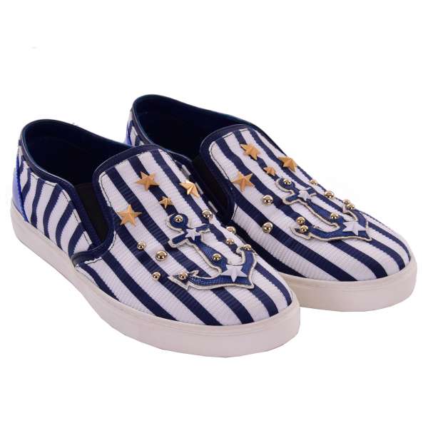 Slip-On Sneaker LONDON with studs, anchor, stars applications and DG logo in blue and white by DOLCE & GABBANA Black Label