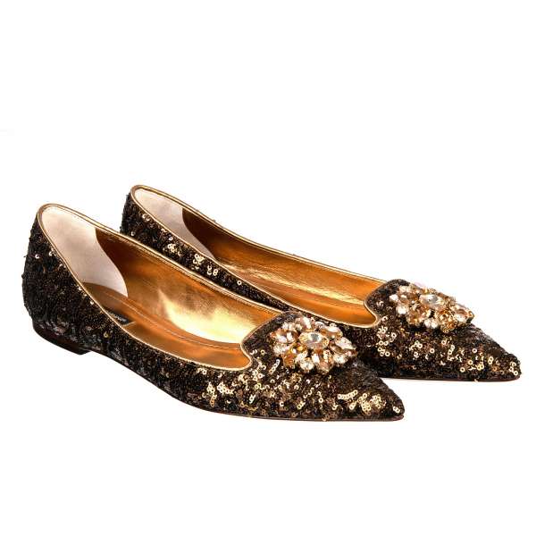 Sequined Ballet Flats BELLUCCI with crystals brooch in bronze by DOLCE & GABBANA Black Label