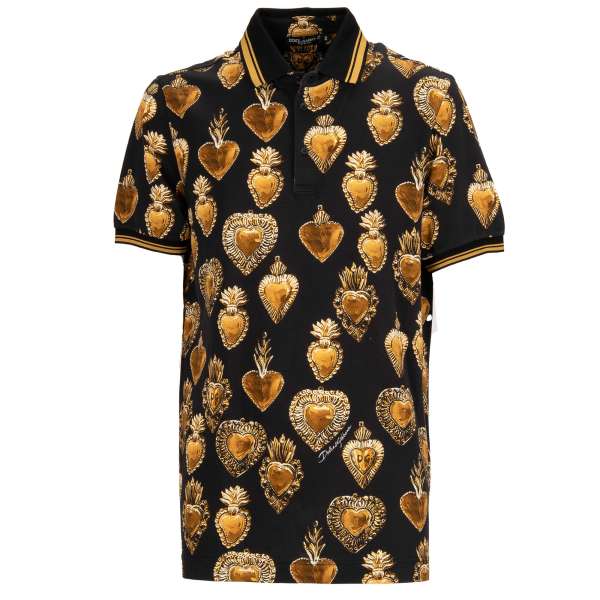 Cotton Polo Shirt with sacred heart print in black and gold by DOLCE & GABBANA