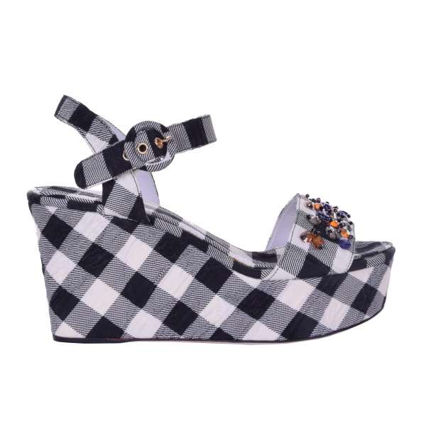 Checked Jacquard Plateau Sandals / Wedges embellished with crystals by DOLCE & GABBANA Black Label