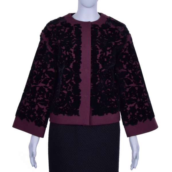 Barock Jacke aus Schurwolle mit Blumen Stickerei aus Samt in Schwarz und Bordeaux von DOLCE & GABBANA Black Label