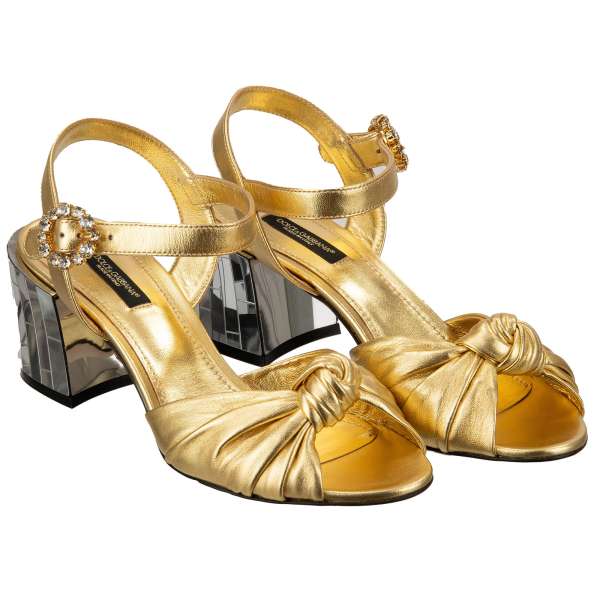 Disco Ball Heel Leather Sandals KEIRA embellished with crystal buckle in gold by DOLCE & GABBANA