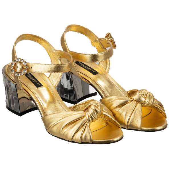 Leder Sandalen KEIRA mit Kristallen Schnalle und Disco Ball Effekt Absatz in Gold von DOLCE & GABBANA 