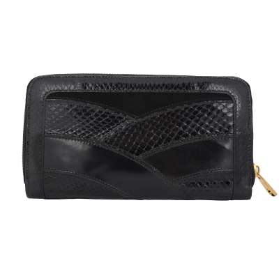 Patchwork Snakeskin Leather Zip-Around Wallet Purse Black