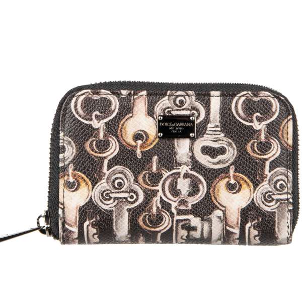 Keys printed dauphine leather zip around wallet with DG metal logo plate in black and beige by DOLCE & GABBANA