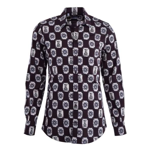 Hemd aus Baumwolle GOLD mit kurzem Kragen, Manschetten und Turm und Sonnen Print von DOLCE & GABBANA