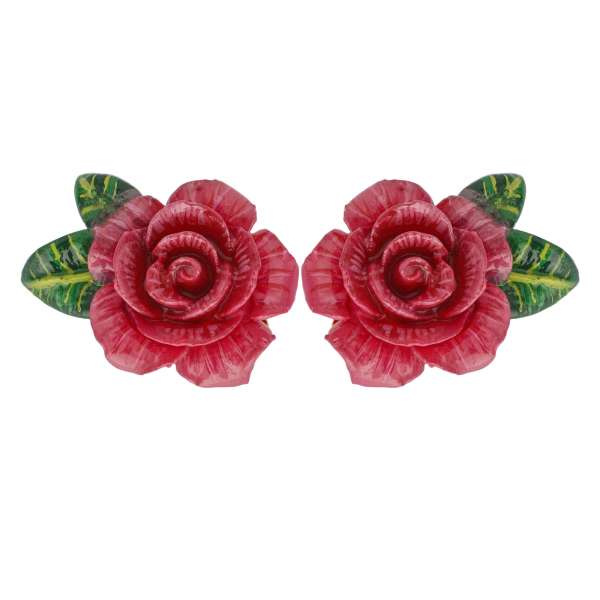 Clip Earrings adorned with hand-painted roses in pink and gold by DOLCE & GABBANA