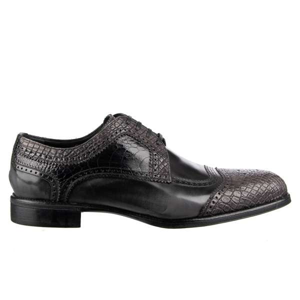 Very exclusive formal Patchwork Caiman, Ostrich and Calf leather derby shoes SIENA in gray and black by DOLCE & GABBANA