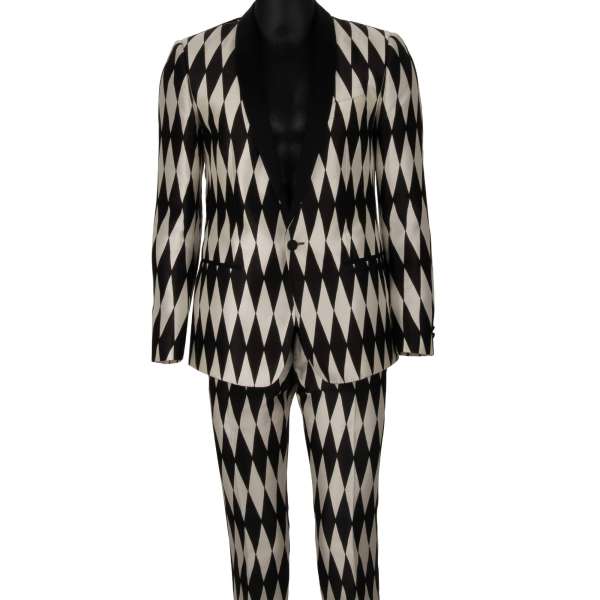 Tuxedo Anzug MARTINI aus Seide mit geometrischem Muster und rundem Revers in Weiß und Schwarz von DOLCE & GABBANA 