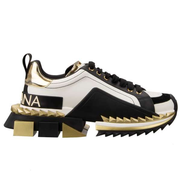 Lace-Up Sneaker Schuhe SUPER KING für Herren mit Plattform und DG Logo in Weiß, Gold und Schwarz von DOLCE & GABBANA