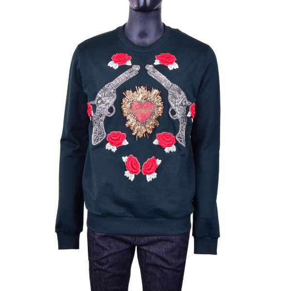 Embroidered sweater with Sacred Heart, Roses and Pistols with crystals and pearls by DOLCE & GABBANA Black Line