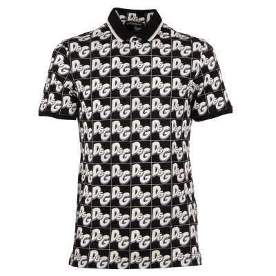 Cotton Polo Shirt with D&G Mania Logo Print Black White