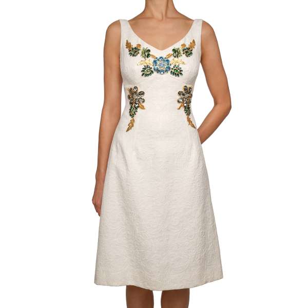Silk blend Brocade dress with embroidered crystal flowers and petals brooches in white by DOLCE & GABBANA