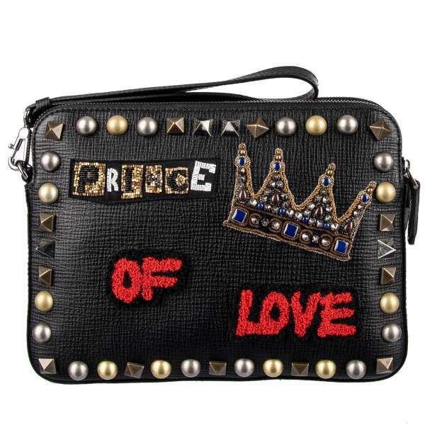 Studded clutch bag/ pouch made of Palmellato leather with embroidered crown, lettering "Prince Of Love", two dividers with zip fastening and handle by DOLCE & GABBANA