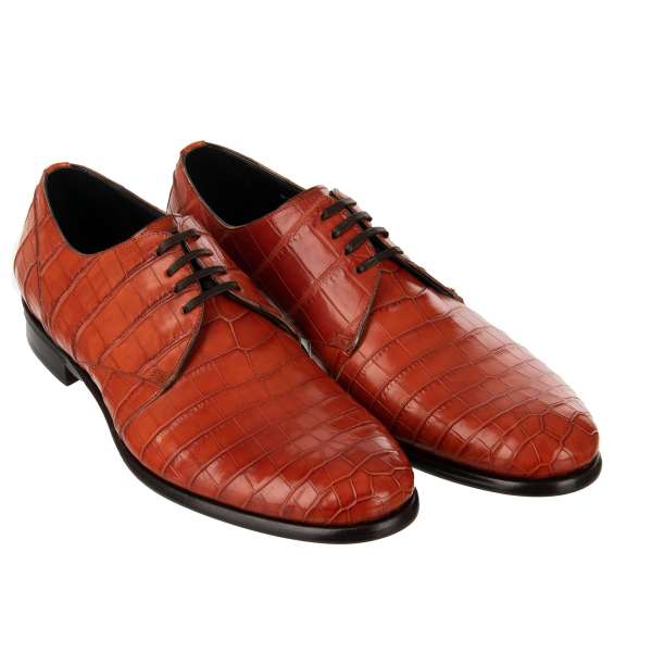 Sehr exklusive und seltene, elegante Derby Schuhe NAPOLI aus Krokodilleder in Dunkel Orange von DOLCE & GABBANA