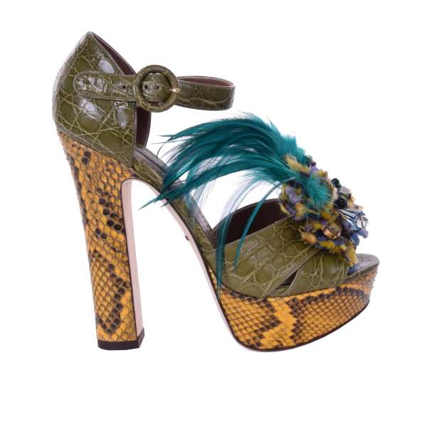 Crocodile and Snake leather Plateau- Sandals / Pumps embellished with woven pearls and crystals brooch with feathers  by DOLCE & GABBANA Black Label
