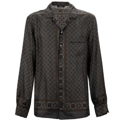 Floral Geometric Print Wide Fit Silk Shirt Gray