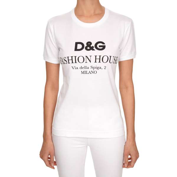 Cotton T-Shirt with Dolce Gabbana logo Fashion House print and silver patch logo on the back in white and black by DOLCE & GABBANA