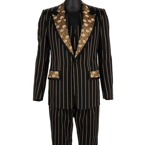 Flower jacquard and cotton 3 piece striped suit, jacket, waistcoat, pants with peak lapel in gold and black by DOLCE & GABBANA 