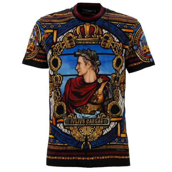 Cotton T-Shirt with Julius Caesar print, ripped details with stripes in blue, black and gold by DOLCE & GABBANA