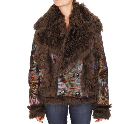 RUNWAY Oversize Fur Leather Parka Coat Jacket Brown Blue 38 XS S