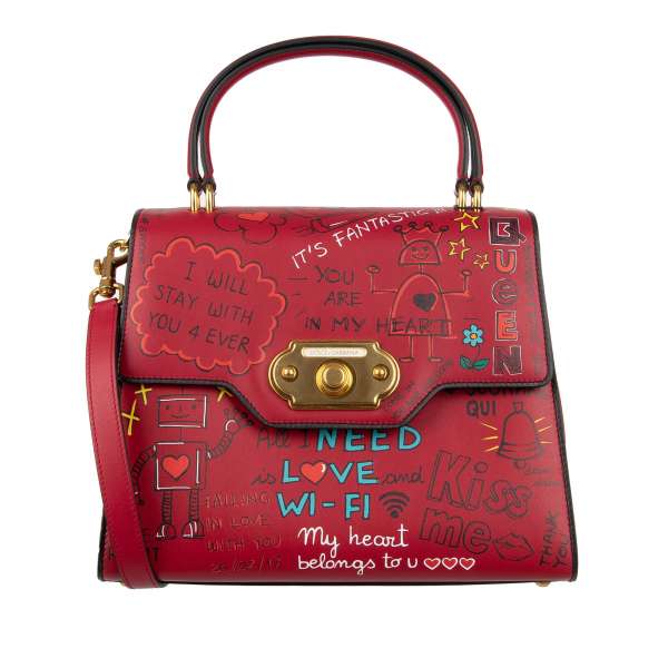 Handtasche / Schultertasche WELCOME Large aus Leder mit doppeltem Griff und Schriftzügen "All I Need is Love and WiFi", "Amore", "I'm A Star", "It's Fantastic", "Queen" und anderen von DOLCE & GABBANA