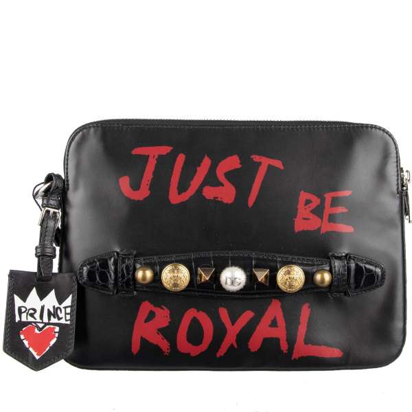 Leather and velvet pouch / handbag JUST BE ROYAL with studs, handstrap and separate pendant by DOLCE & GABBANA