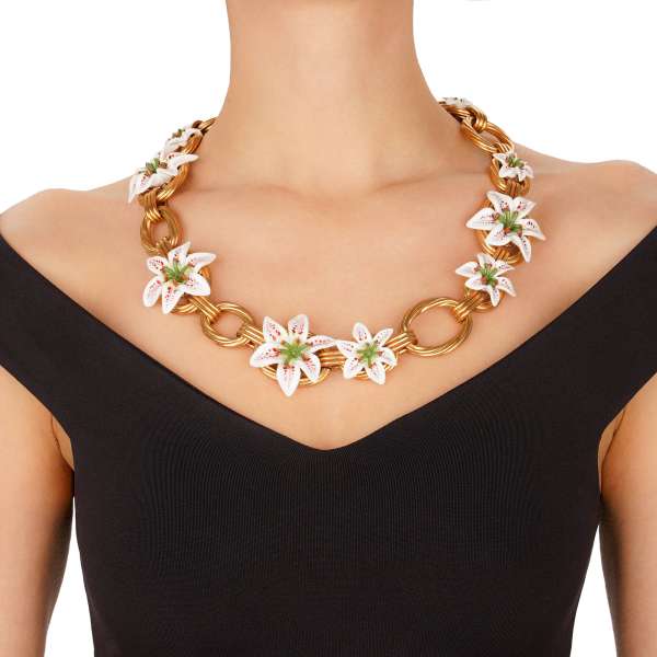 Necklace / belt with hand painted lilies and pearl in white and gold by DOLCE & GABBANA