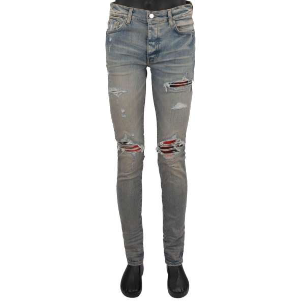 5-Pockets Skinny Distressed Stretch Plaid MX1 Jeans in Indigo Blau und Rot mit Einsätzen von AMIRI