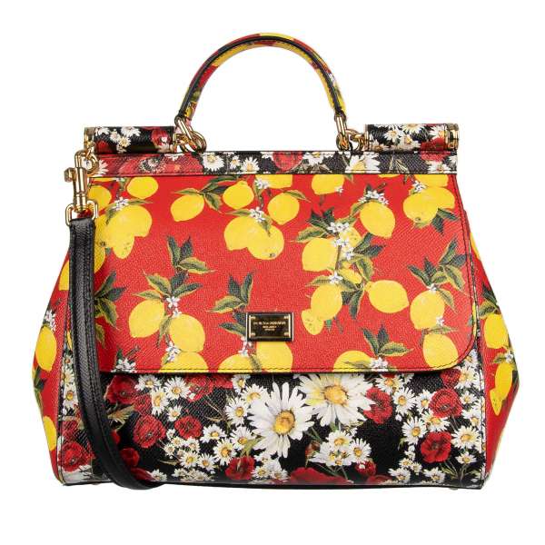 Lemon, Poppy and Chamomille floral printed dauphine leather Tote / Shoulder Bag SICILY with mirror by DOLCE & GABBANA