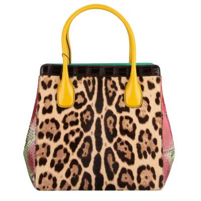 Handtasche LAST MINUTE aus Ponyfell und Leder-Mix Leopard Pink Gelb