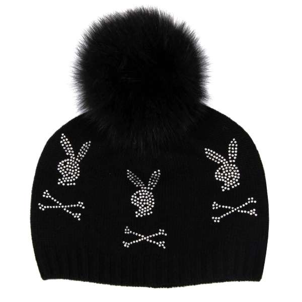 Wool and Cashmere blend knit beanie hat with six crystals Bunny Skull logos and fox fur pompon by PHILIPP PLEIN x PLAYBOY